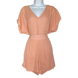 NEW YORK & COMPANY Peach Tan White Polka Dot Print Boho V Neck Romper Small